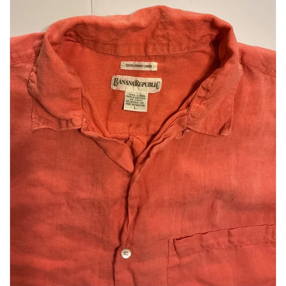 VTG Banana Republic Shirt Mens L Coral 100% Irish Linen Short‎ Sleeve Casual